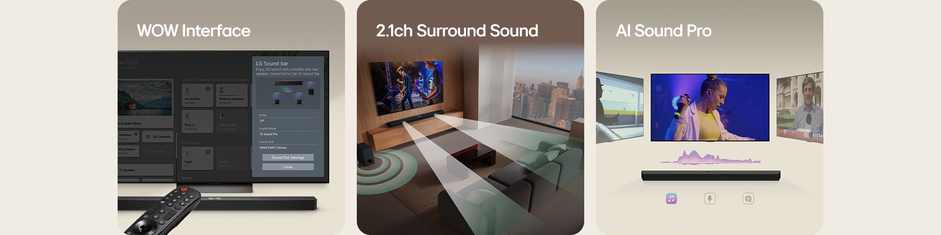 LG Soundbar and LG TV working together to fill a living room with sound
