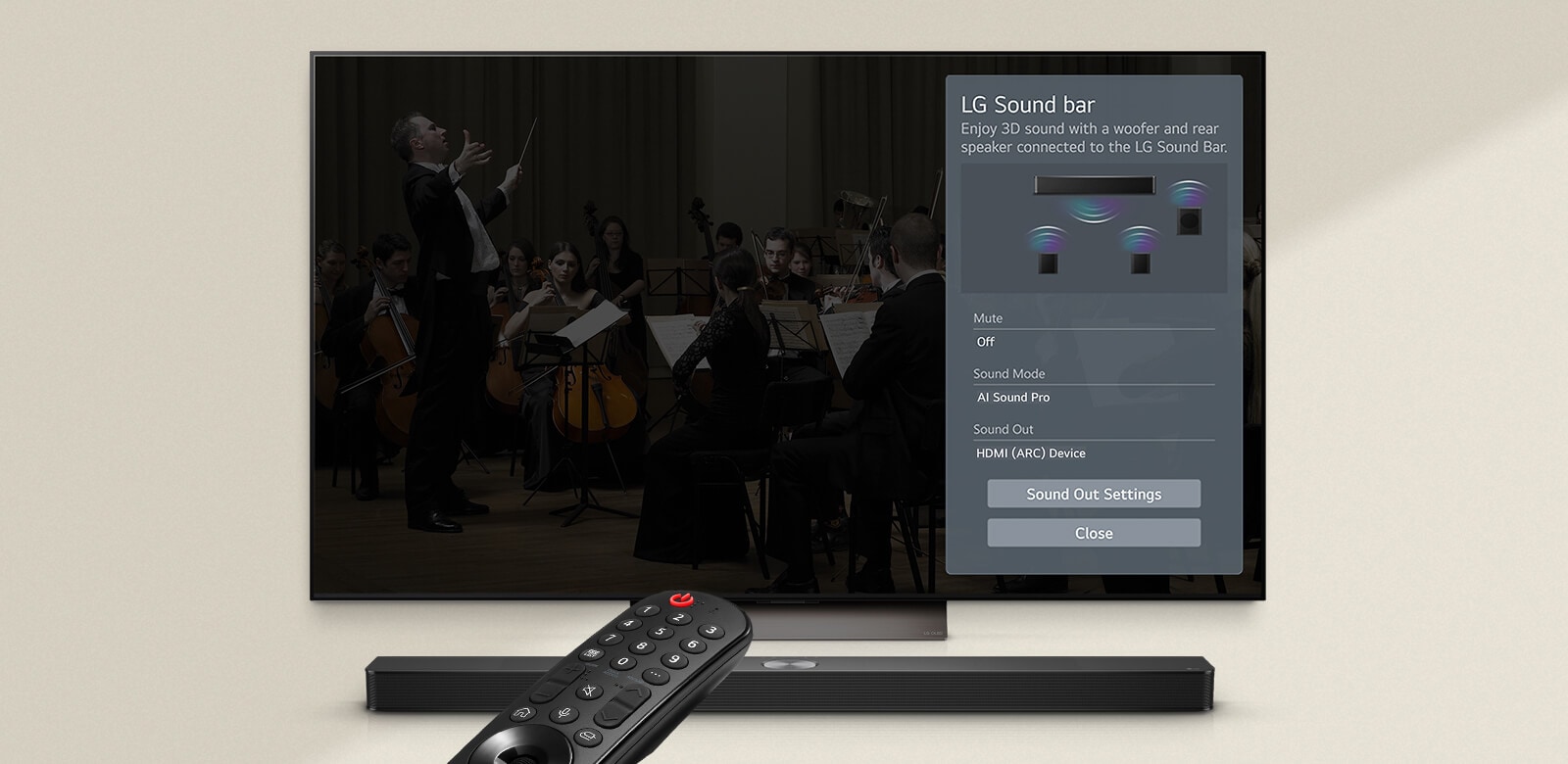 LG Remote pointing towards a LG TV with LG Soundbar underneath, showing the WOW Interface menu