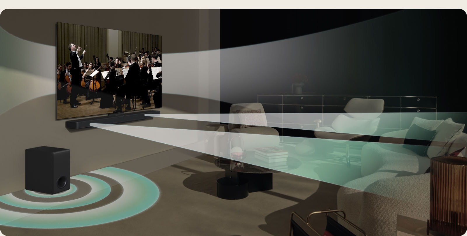 Concert scene playing on LG TV with virtual sound effects coming from the LG TV, LG Soundbar and subwoofer, showing how WOW Orchestra is created