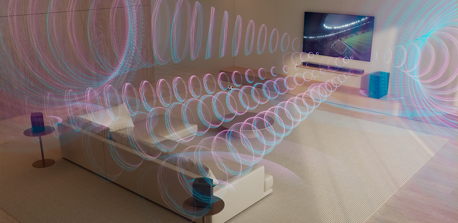 Virtual sound waves coming from the LG TV, LG Soundbar and its rear speakers and subwoofer, filling the space