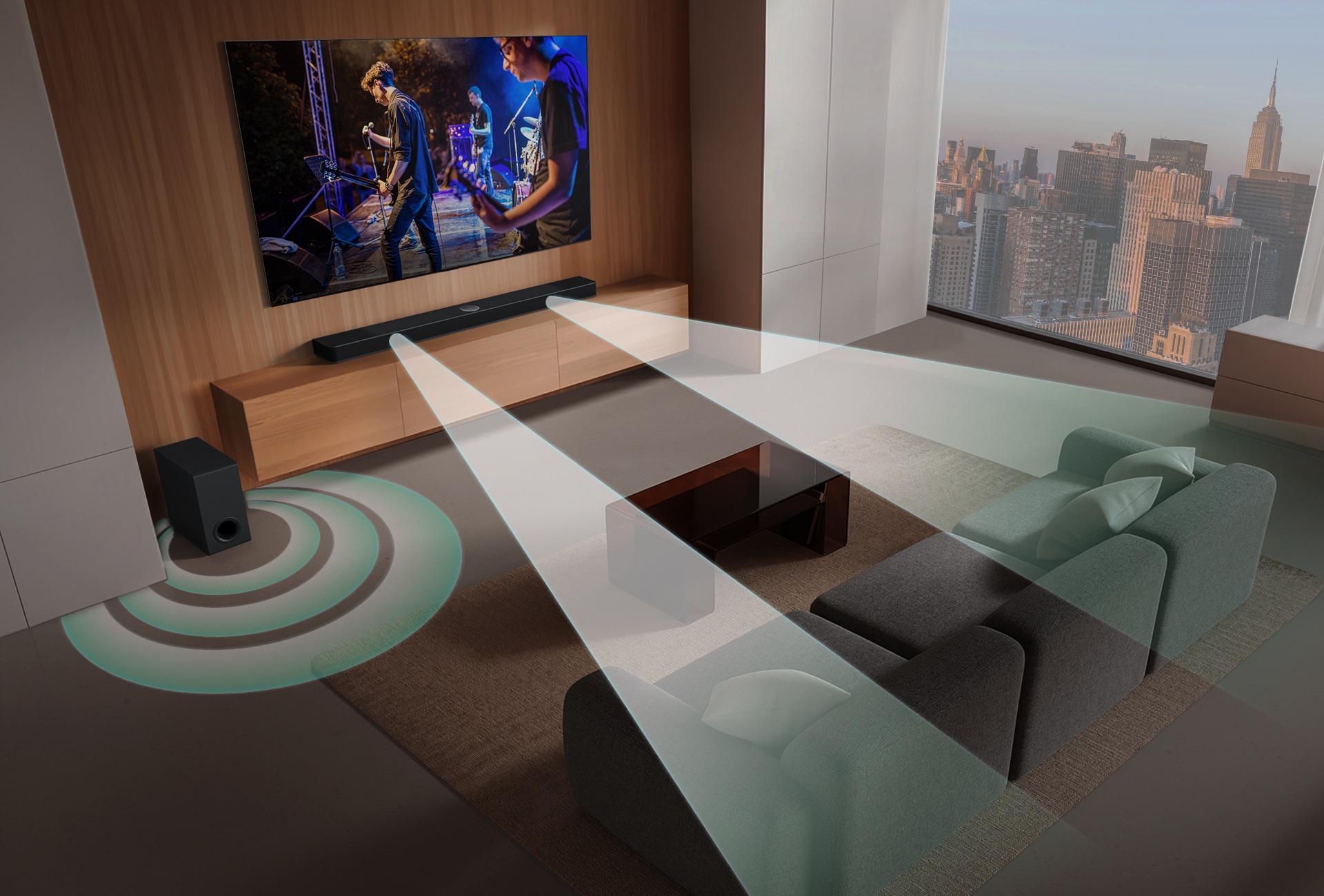 LG Soundbar, LG TV and subwoofer in a living room playing a musical performance, with soundwaves radiating from the soundbar and subwoofer