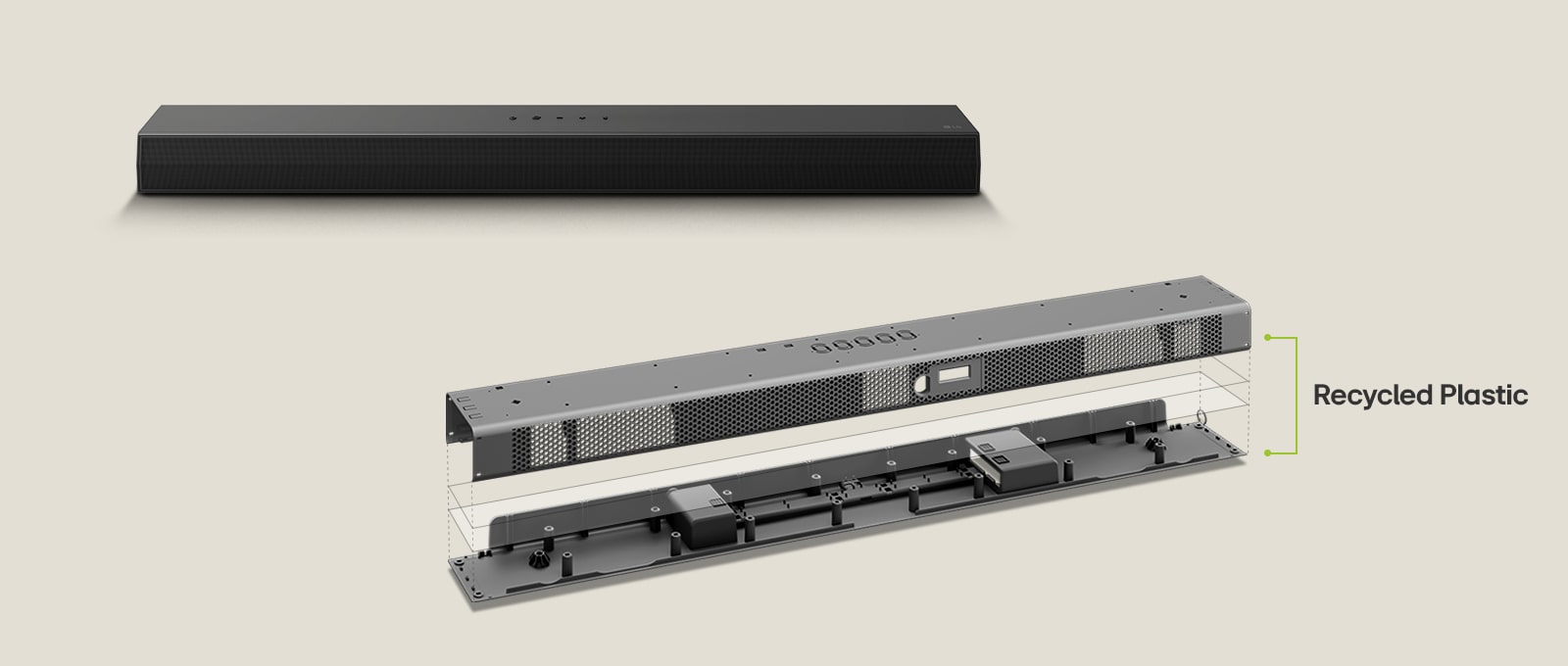 Frontal perspective of the soundbar with a metal frame depiction showing recycled plastic used at the edge of the frame