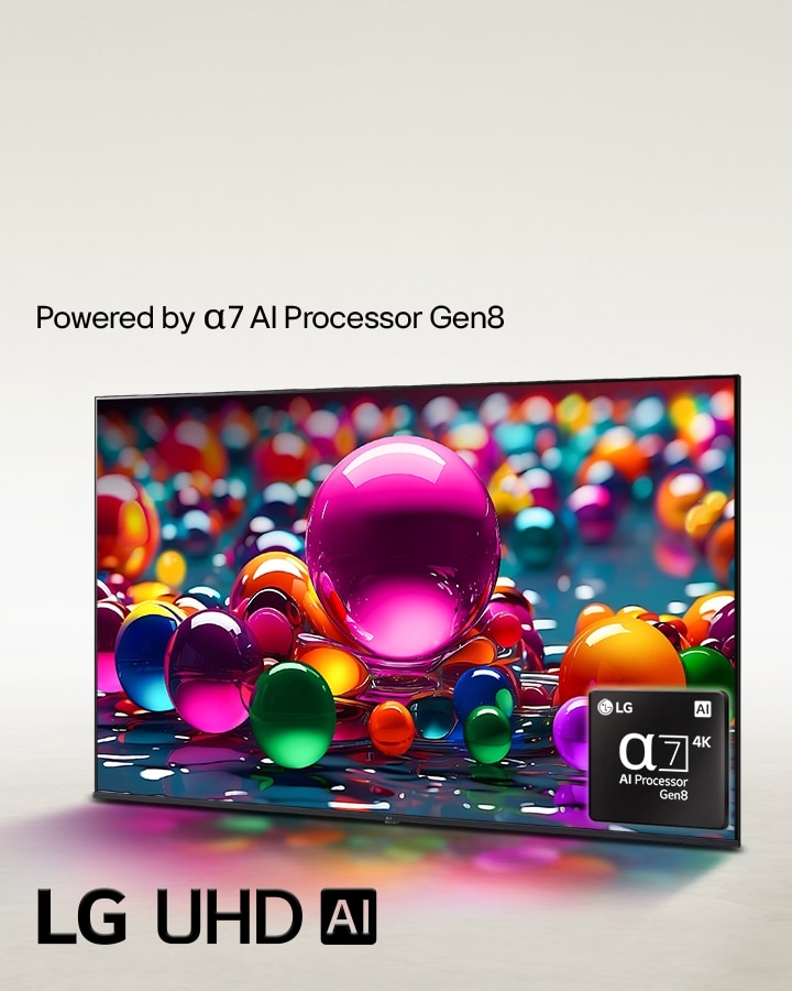65 Inch LG UHD AI UA84 4K Smart TV displaying colorful marbles, powered by the alpha 7 4K AI Processor