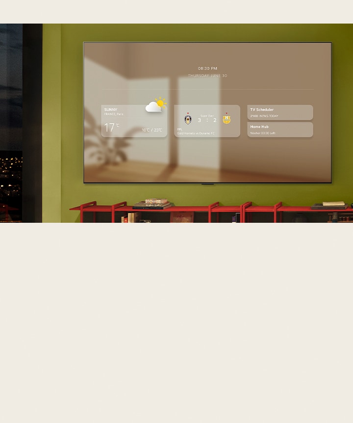 Information board on an LG TV showing weather, sports alerts and calendar
