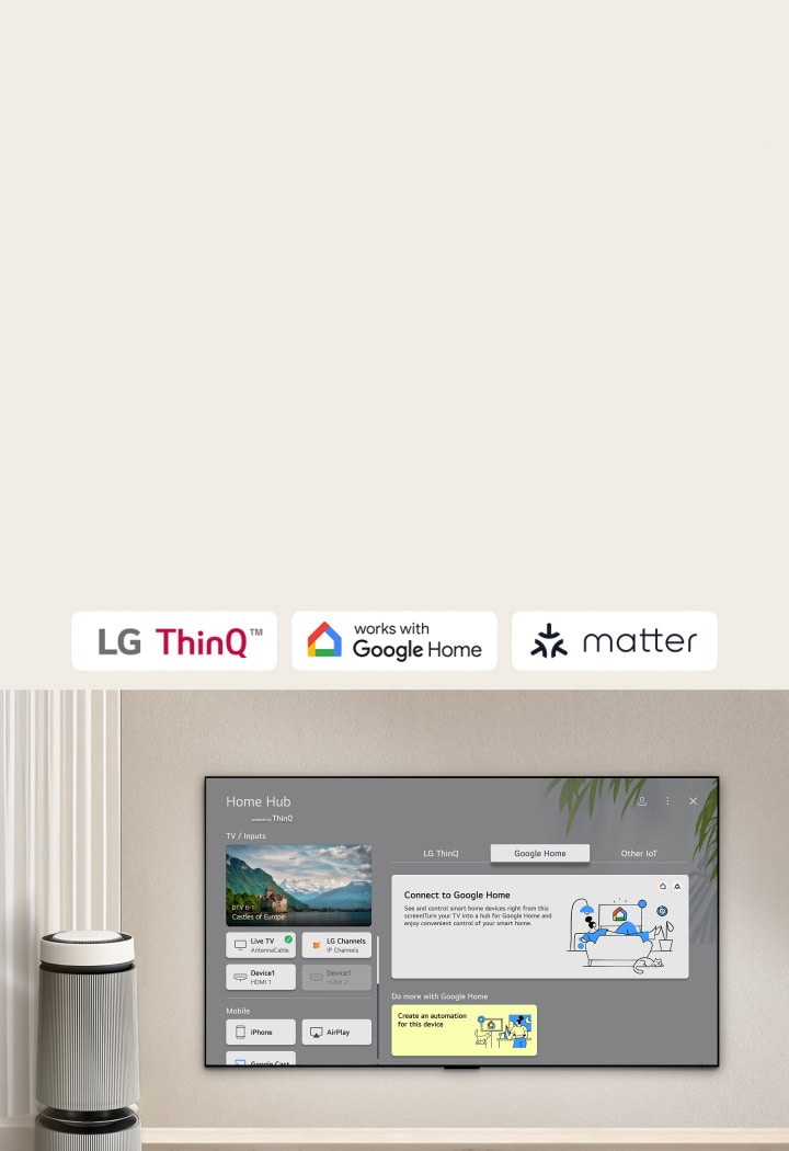 TV remote in front of an LG TV screen displaying the Home Hub smart home dashboard