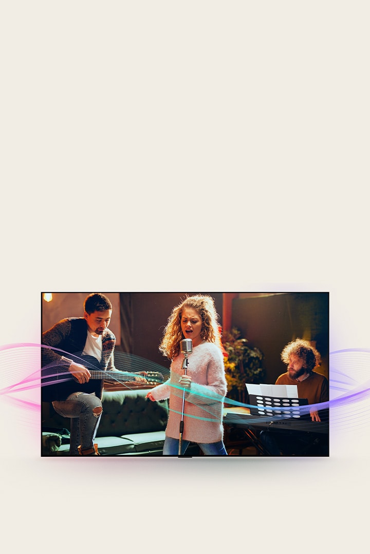 Musicians playing guitar, singing and piano with soundwaves representing AI Clear Sound