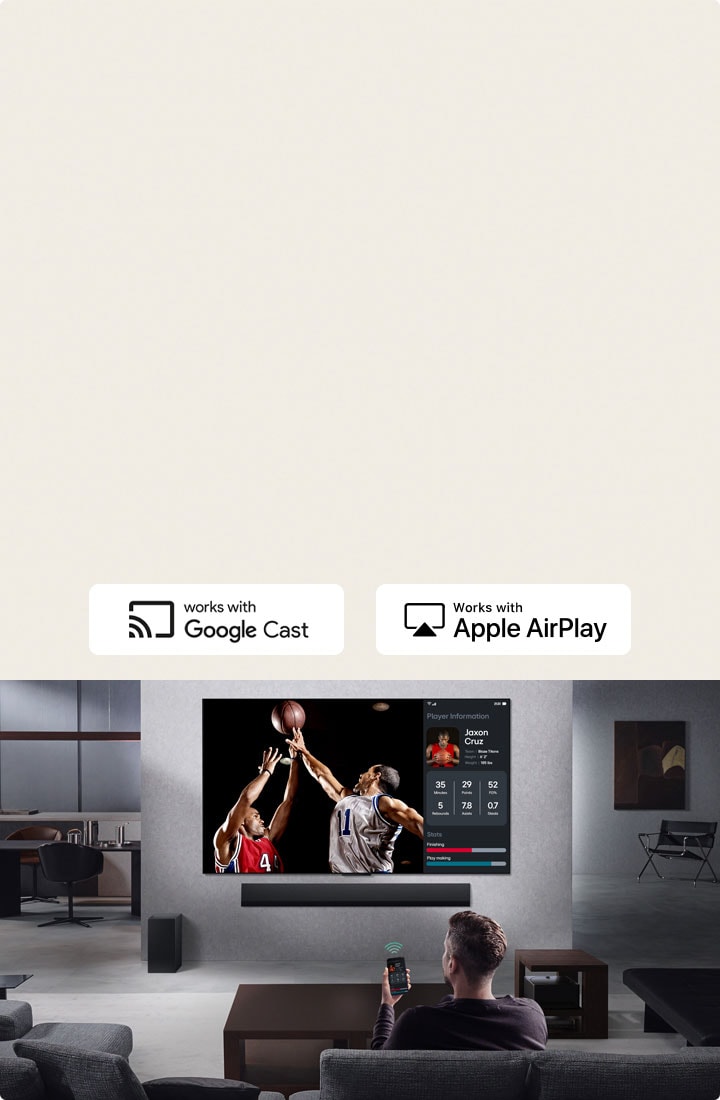 Phone mirroring a screen onto an LG TV alongside a basketball game with Multi View