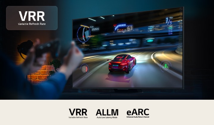 Hands holding a game controller in front of a racing game with VRR logo