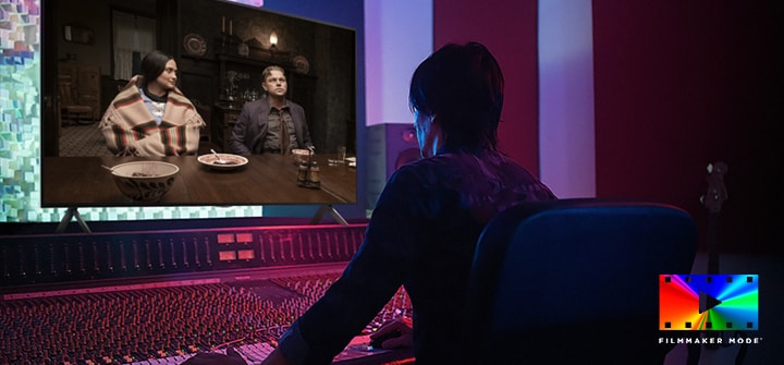 A director editing a film on an LG TV with the FILMMAKER MODE logo