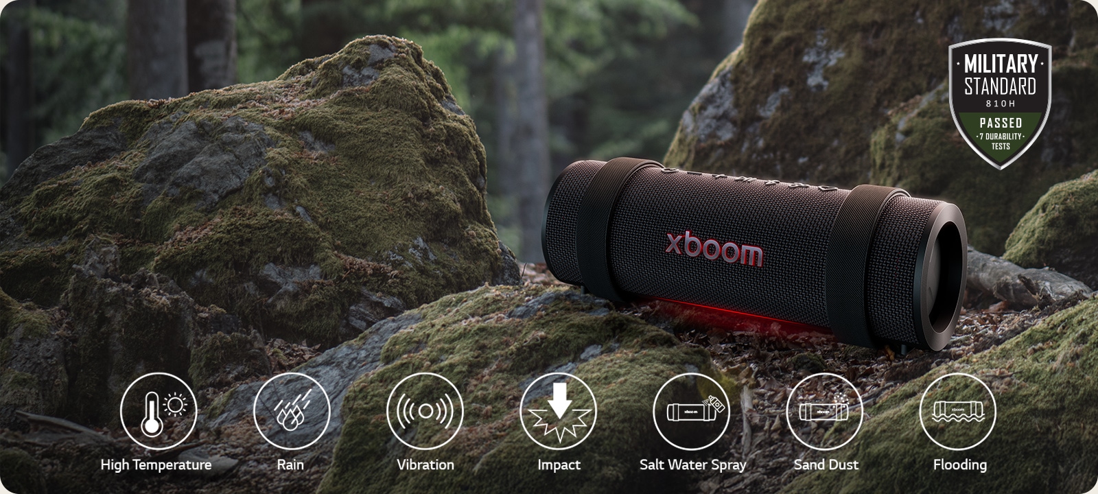 xboom Grab is placed on rock covered with moss. On the above right side Military standard logo is placed.