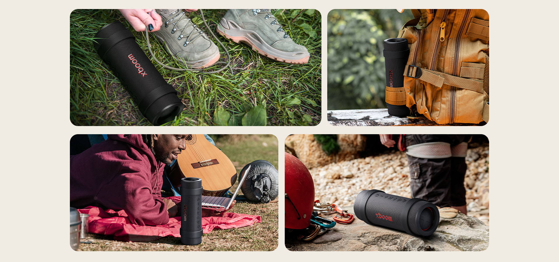 4 different images of xboom Grab Black's outdoor using scenes showing its portability and adaptability to outdoor activities.