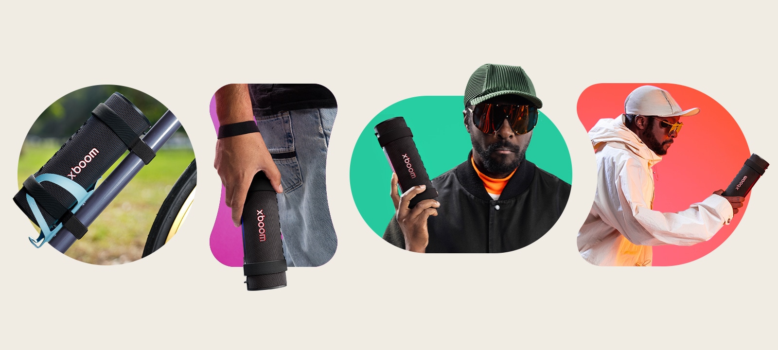 On the upper left side, xboom Grab is held with its strap on someone's wrist. On the upper right side, xboom Grab is placed on a bicycle's water bottle holder. On the bottom left, will.i.am in white outfit is holding xboom Grab with his right hand. On the bottom right, will.i.am in black outfit is holding xboom Grab with his right hand.