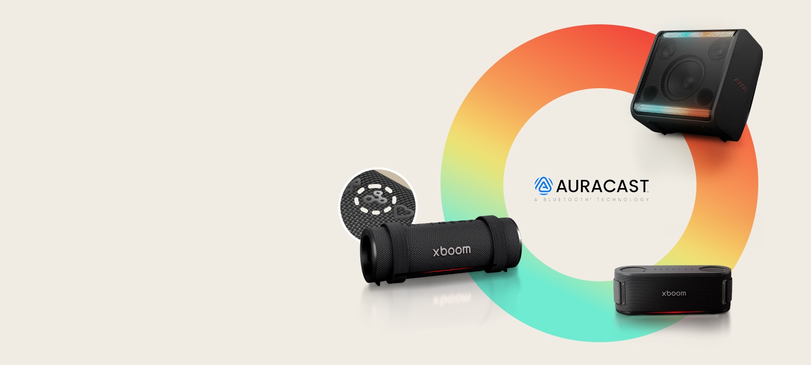 On a rainbow-colored circle xboom Stage 301, Bounce and Grab is placed in a clock-wise order. Next to the xboom Grab its Auracast button's image is placed in a circle.