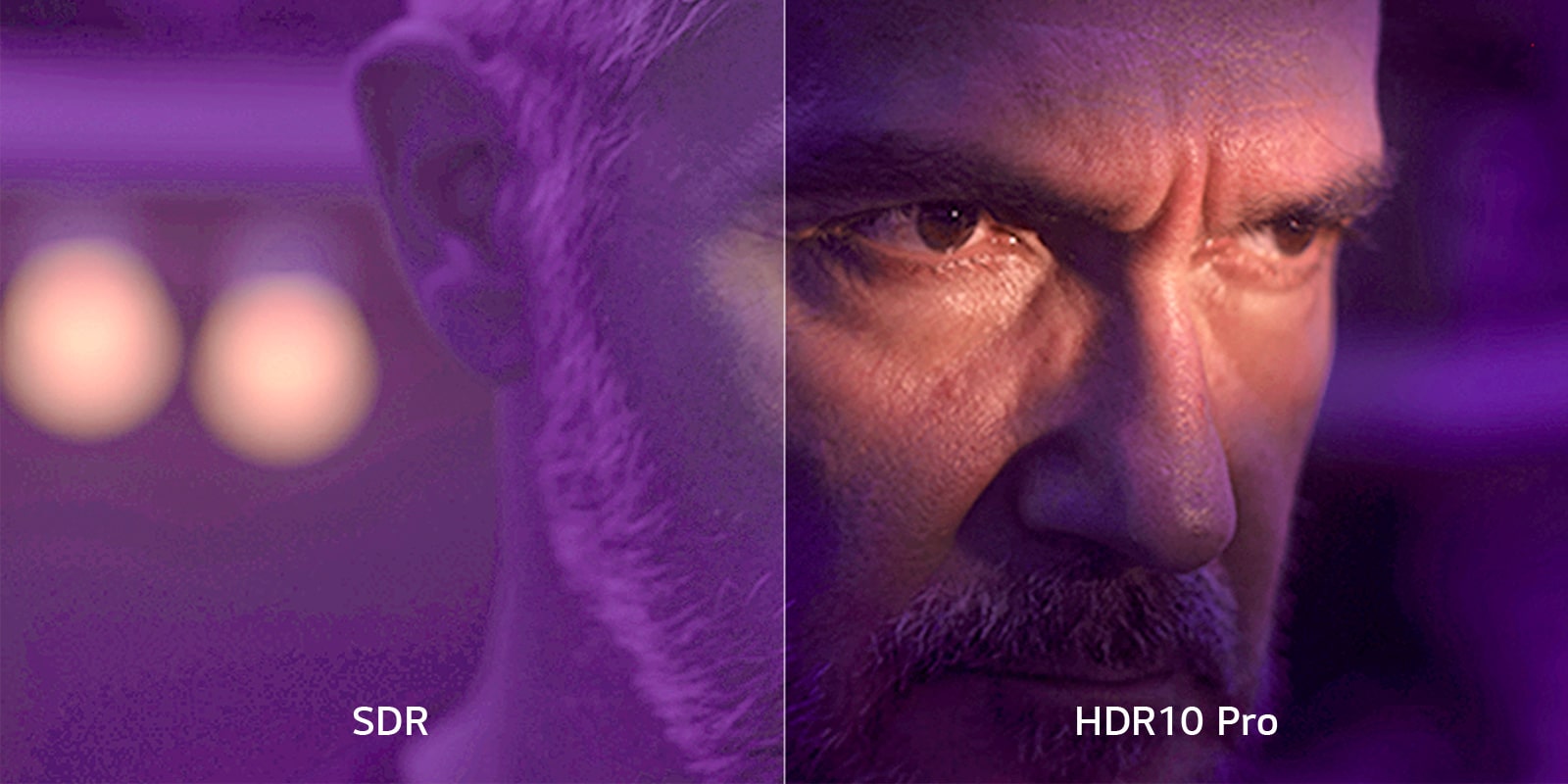 A split-screen close-up image of a man's face is shown in a purple-tinged, shadowy room. On the left, SDR in white text is shown and the image is blurry. On the right, HDR10 Pro in white text is shown and the image is clear and sharply defined.