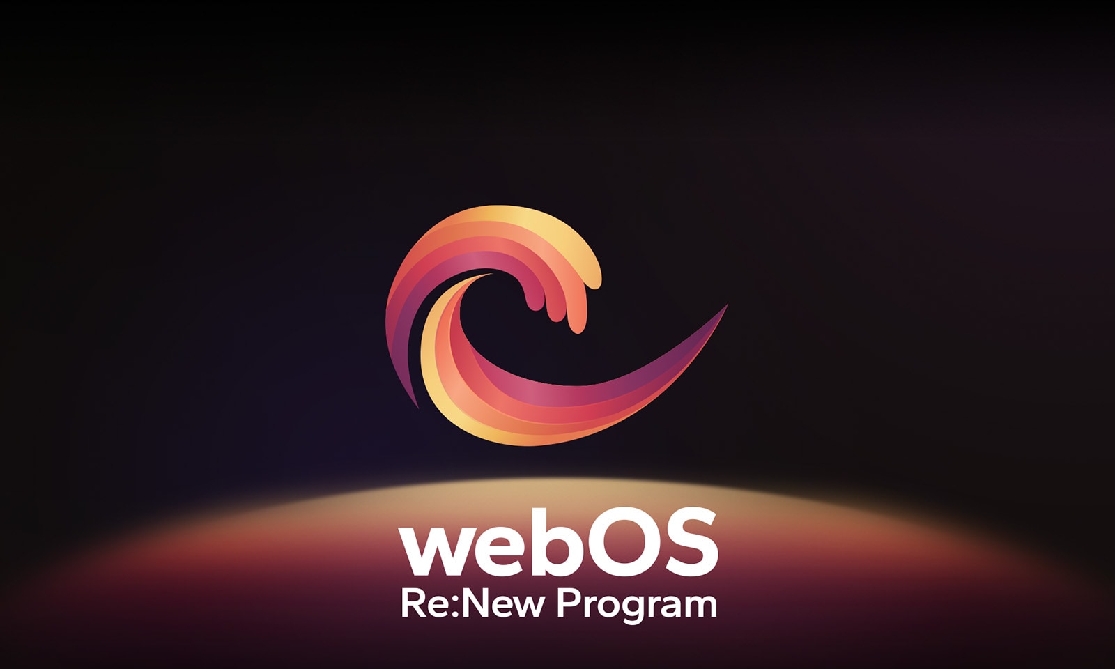 The webOS logo hovering in the center on a black background, illuminated with the logo colors of red, orange, and yellow, with the words webOS Re:New Program below.