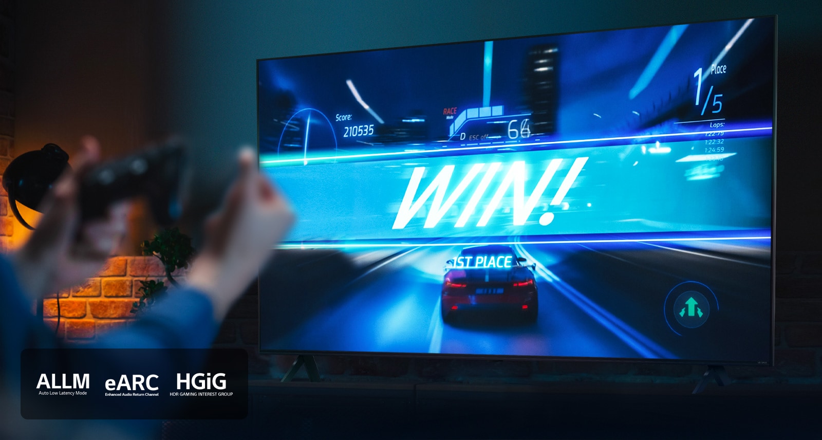 A car racing game at the finish line, with ALLM, eARC and HGiG logos shown in the bottom-left corner.