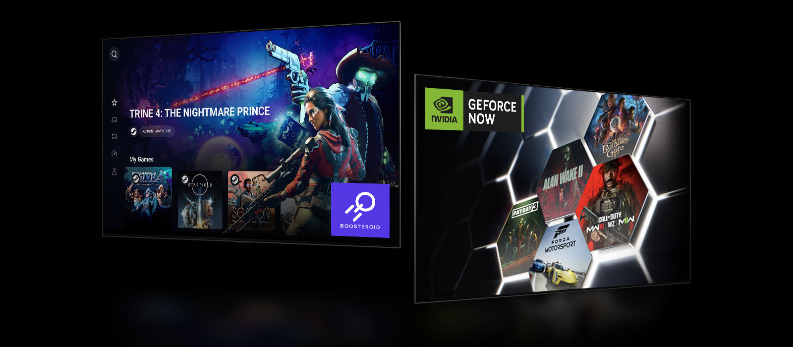 An image of the Boosteroid home screen and another image of GeForce NOW home screen showing game thumbnails.